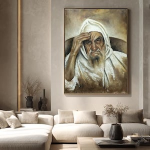 May include: An oil painting on canvas depicting an elderly person with a long beard wearing a white hooded garment. The figure has a hand resting on their forehead with a serious expression. The artwork features earthy brown and white tones.