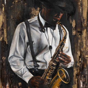 May include: An oil painting of a musician wearing a black fedora, a white button-down shirt, a black bowtie, and black suspenders. The musician is playing a brass saxophone against a dark, textured background with gold and brown paint strokes.