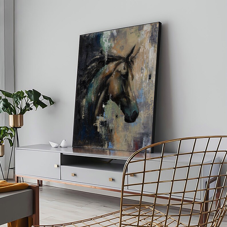 May include: A large rectangular framed wall art piece featuring an abstract oil painting of a horse head in profile. The artwork utilises a dark colour palette of black, deep blue, and brown tones with textured brushstrokes and light beige accents.