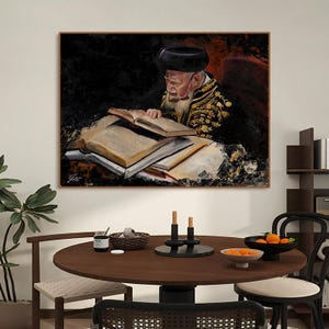 May include: A rectangular wall art print featuring an oil painting of an elderly person with a white beard wearing a black hat and a black coat with gold embroidery, reading from a stack of open books against a dark, textured background.