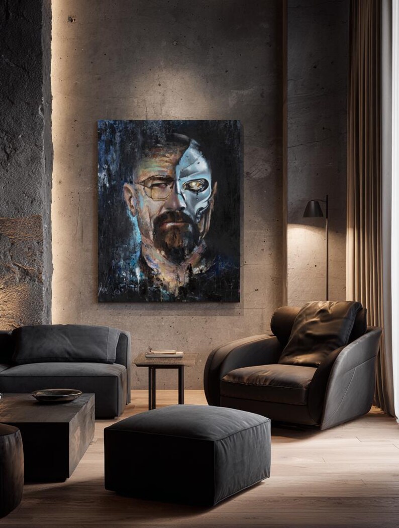 May include: A rectangular wall art piece featuring a portrait of a man with a beard and glasses on the left side, transitioning into a metallic, robotic skull structure on the right side, rendered in dark blue, black, and silver tones.