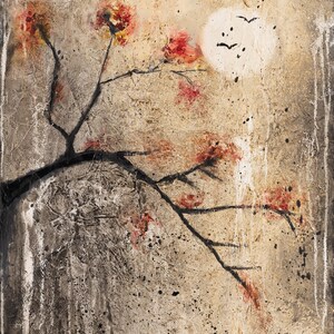 May include: A textured painting on canvas featuring a dark, sweeping tree branch with vibrant red blossoms against a beige and grey background. A pale, circular moon hangs in the upper right corner with two small black birds flying nearby.