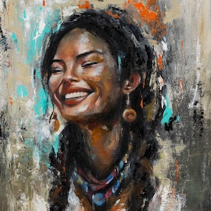 May include: An oil painting on canvas depicting a smiling person with dark hair in braids, wearing a multi-colored necklace and round earrings. The background features abstract brushstrokes in shades of gray, white, and vibrant orange accents.