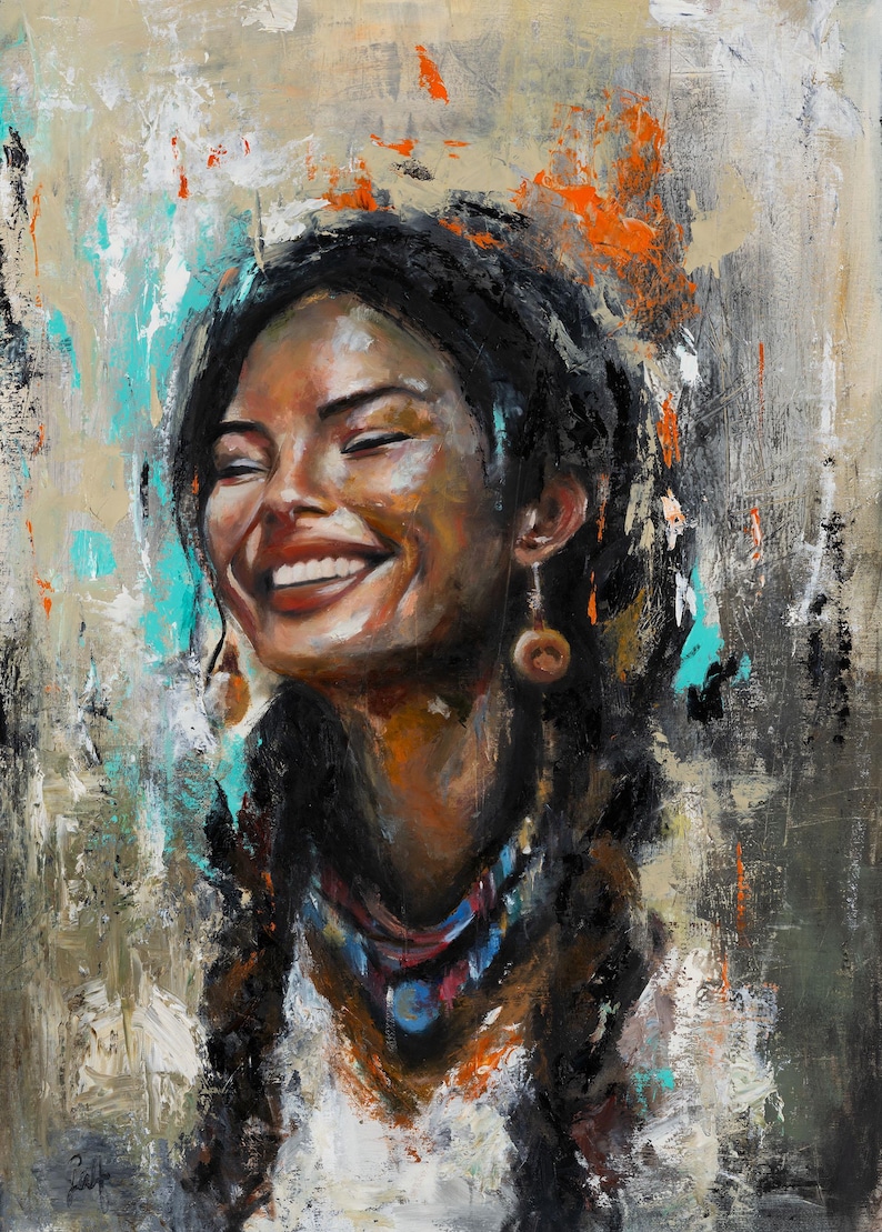 May include: An oil painting on canvas depicting a smiling person with dark hair in braids, wearing a multi-colored necklace and round earrings. The background features abstract brushstrokes in shades of gray, white, and vibrant orange accents.