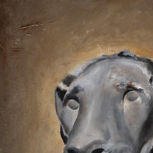 May include: An oil painting on canvas depicting a stylized, grey, animal-like head with hollow, featureless eye sockets. The subject is rendered with thick, visible brushstrokes against a textured, muted brown background with golden highlights.