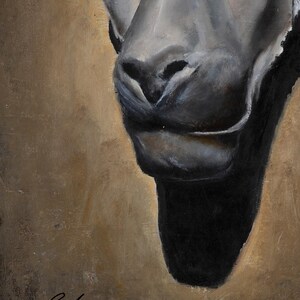 May include: An oil painting on canvas depicting the head of a black panther in profile against a textured, muted gold background. The artwork features deep shadows and highlights on the feline face, with a stylized black signature in the bottom corner.