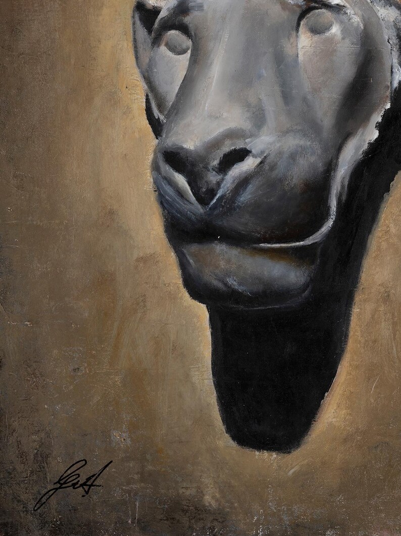 May include: An oil painting on canvas depicting the head of a black panther in profile against a textured, muted gold background. The artwork features deep shadows and highlights on the feline face, with a stylized black signature in the bottom corner.