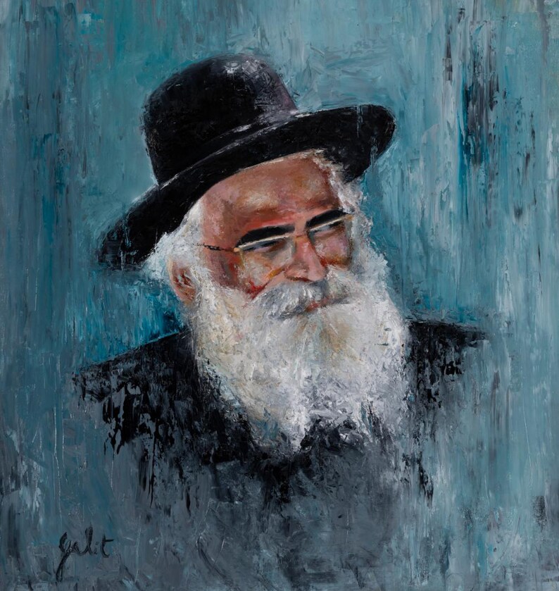 May include: A painting of a man with a white beard and glasses wearing a black hat. The background is a light blue colour.