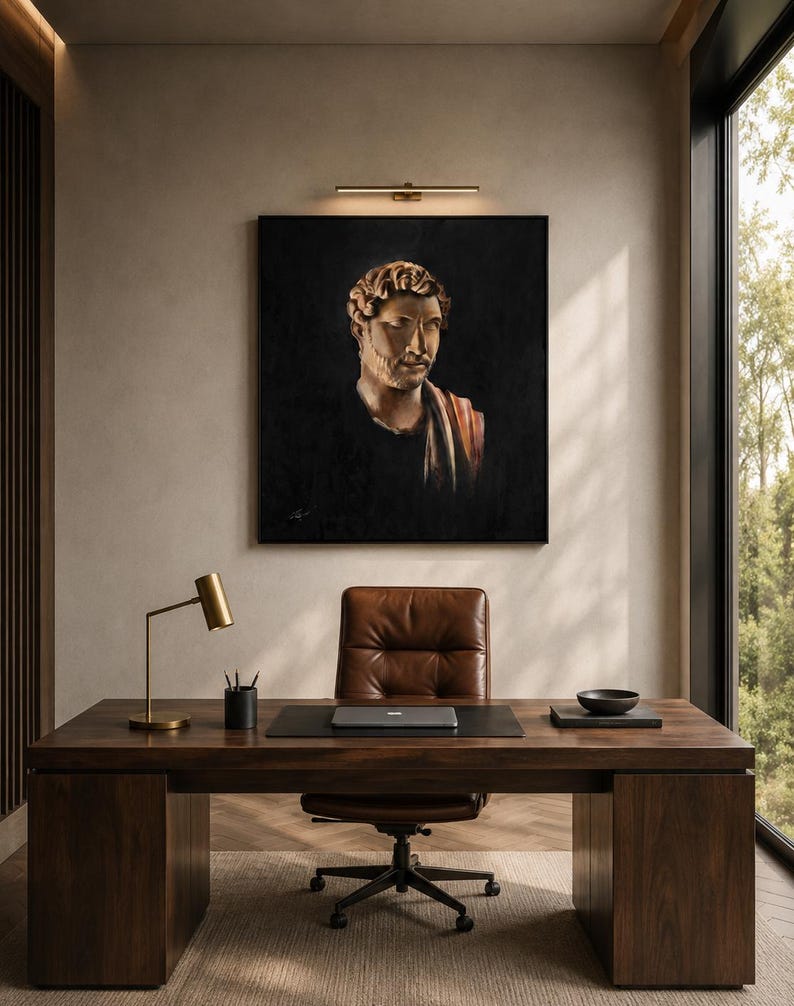 Op de afbeelding: Een vierkant wandschilderij met een portret van een man met krullend haar en een baard tegen een zwarte achtergrond, opgehangen boven een donkerhouten bureau met een bruine lederen bureaustoel, een messing lamp, een laptop en een kleine zwarte kom.
