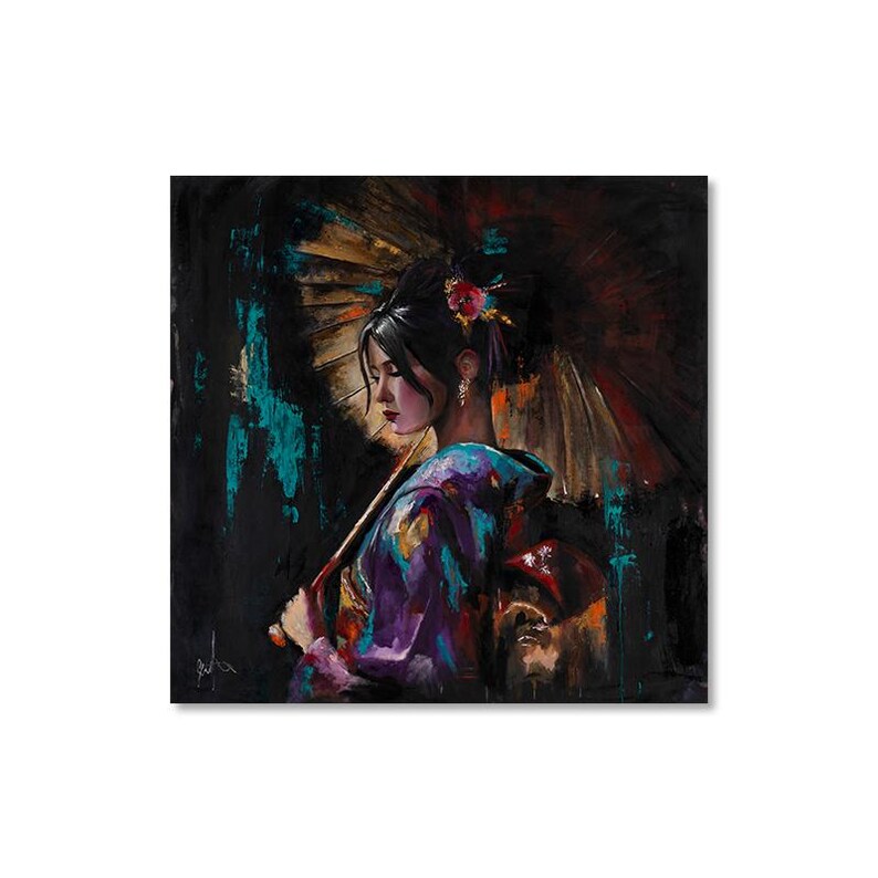 May include: A woman in a purple and blue kimono holds a traditional Japanese umbrella with a gold and white design. The background is a dark blue and green abstract painting.