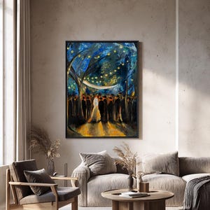 May include: A framed abstract painting showing a wedding scene under a night sky. The artwork features a couple in white, surrounded by dark figures, with a canopy of lights above. The colour palette includes blues, yellows, and blacks.