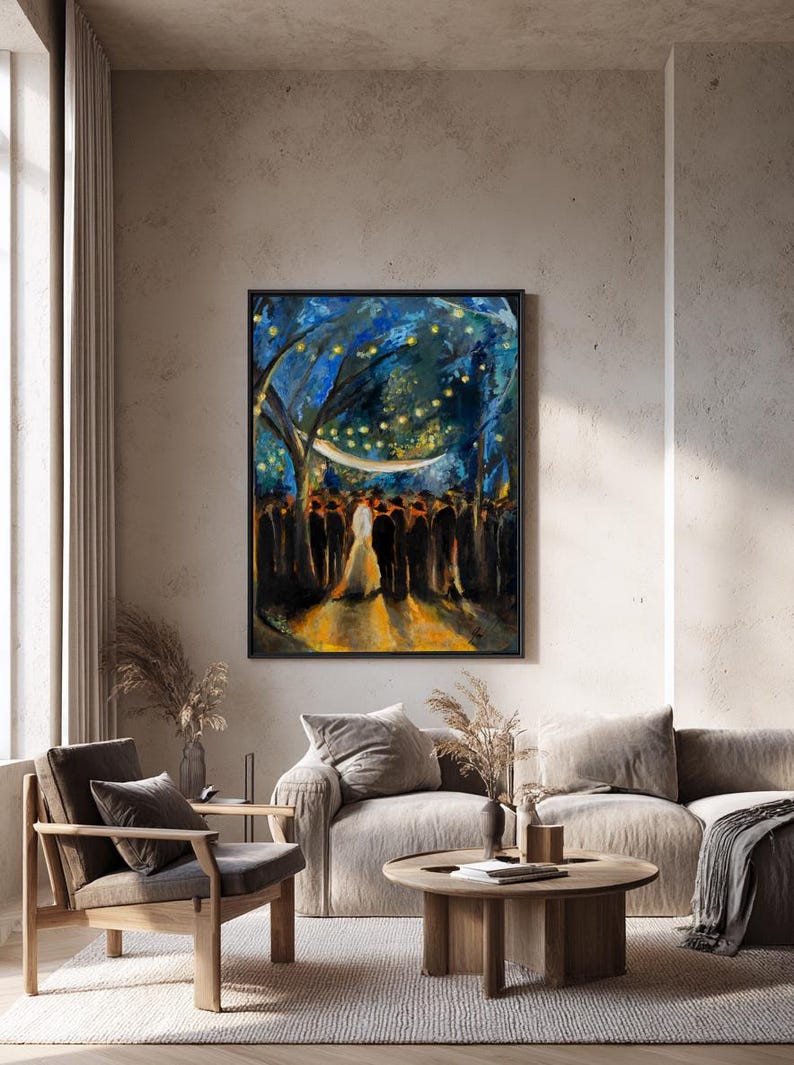 May include: A framed abstract painting showing a wedding scene under a night sky. The artwork features a couple in white, surrounded by dark figures, with a canopy of lights above. The colour palette includes blues, yellows, and blacks.