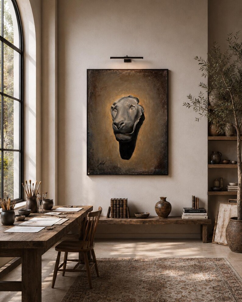 May include: A large rectangular wall art piece featuring a dark, sculptural lion head relief centered on a textured, golden-brown background. The artwork is framed in black and illuminated by a slim, horizontal black light fixture mounted above it.