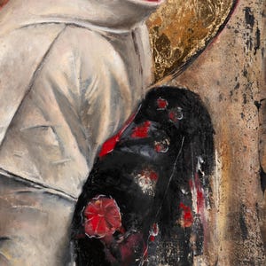 May include: An oil painting featuring a figure wearing a white garment with a red collar, positioned next to a black fabric element adorned with red floral patterns. The background includes textured gold leaf accents and earthy brown tones.