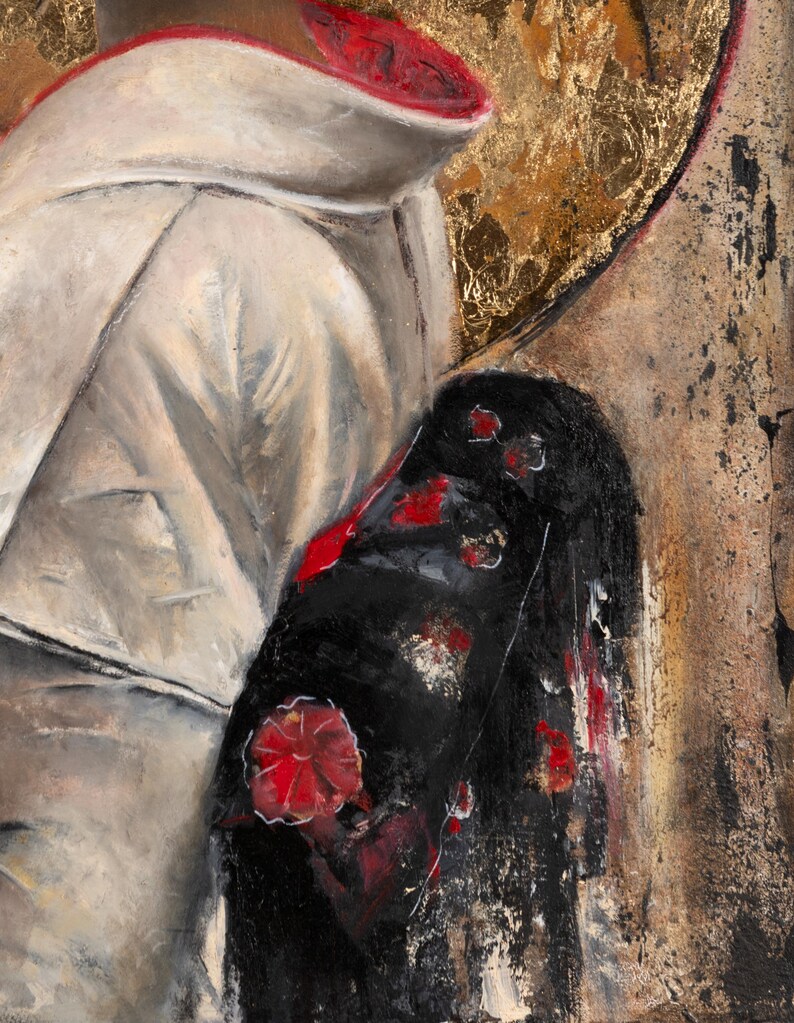 May include: An oil painting featuring a figure wearing a white garment with a red collar, positioned next to a black fabric element adorned with red floral patterns. The background includes textured gold leaf accents and earthy brown tones.