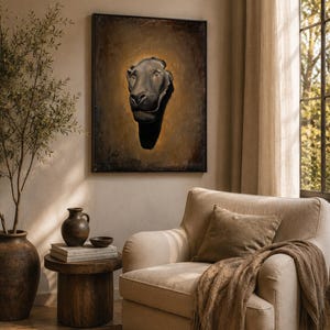 May include: A rectangular framed wall art piece featuring a dark, sculptural lion head relief centered against a warm, golden-brown gradient background. The artwork is encased in a thin black frame, displaying a high-contrast, textured appearance.
