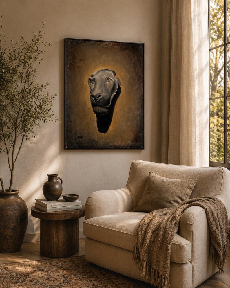 May include: A rectangular framed wall art piece featuring a dark, sculptural lion head relief centered against a warm, golden-brown gradient background. The artwork is encased in a thin black frame, displaying a high-contrast, textured appearance.