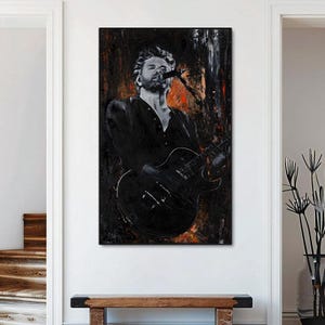 May include: A vertical wall art print featuring a dark, expressive painting of a musician singing into a microphone while playing an electric guitar. The artwork uses a palette of deep blacks, grays, and fiery orange highlights against a textured background.