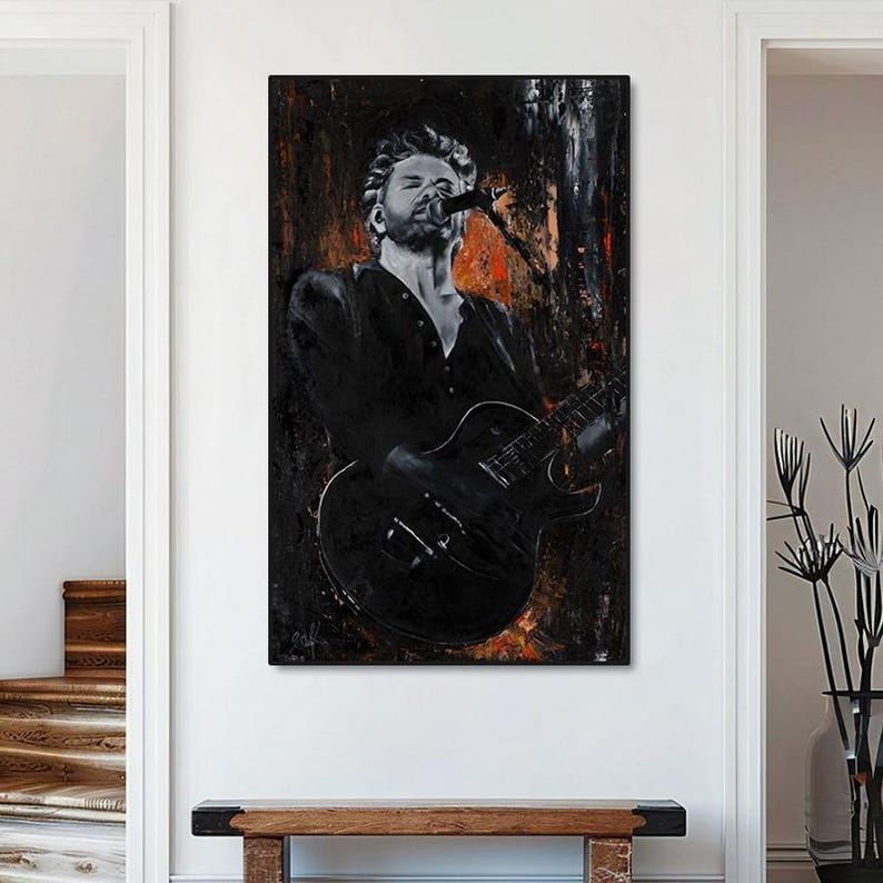 May include: A vertical wall art print featuring a dark, expressive painting of a musician singing into a microphone while playing an electric guitar. The artwork uses a palette of deep blacks, grays, and fiery orange highlights against a textured background.