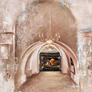 May include: An oil painting depicting a stone archway leading to a dark interior space. A light-colored chandelier hangs from the ceiling of the arch. In the distance, a framed rectangular artwork with dark tones is visible on the back wall.
