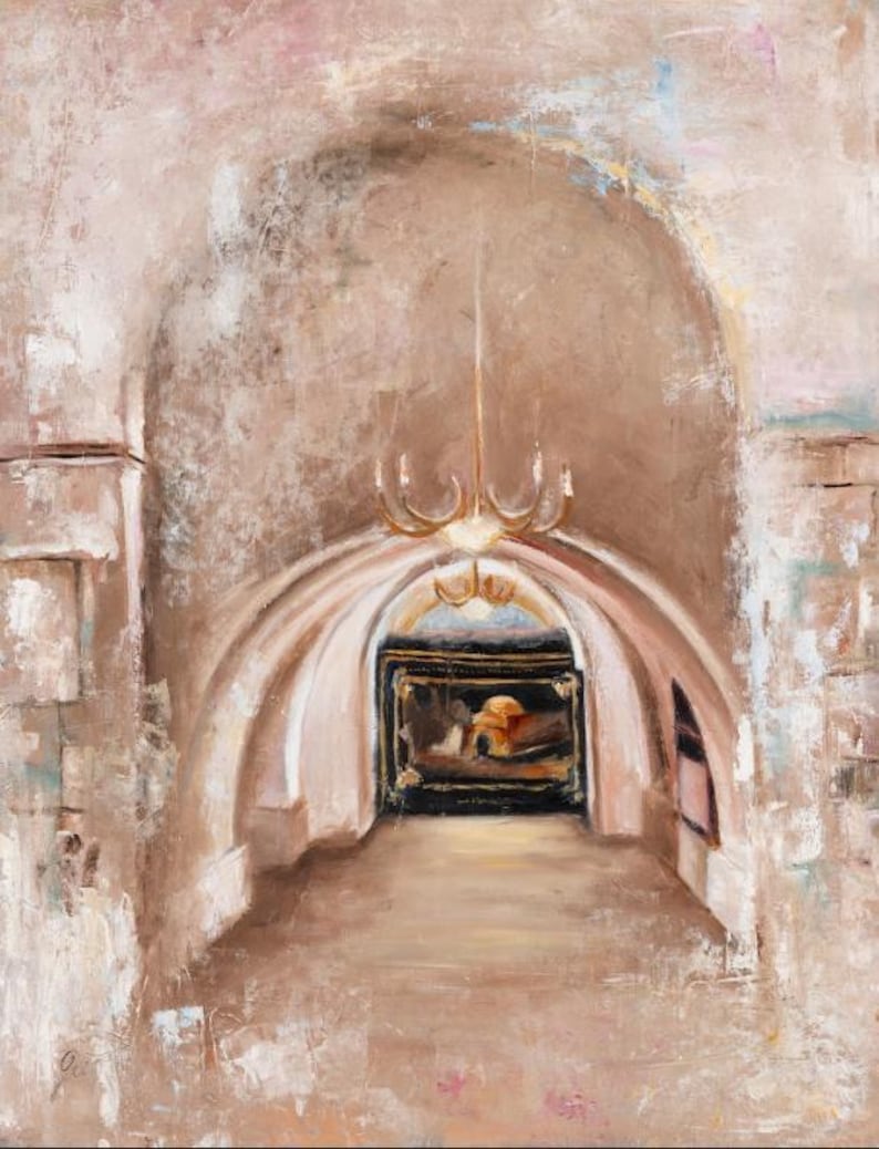 May include: An oil painting depicting a stone archway leading to a dark interior space. A light-colored chandelier hangs from the ceiling of the arch. In the distance, a framed rectangular artwork with dark tones is visible on the back wall.