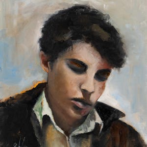 May include: An oil painting portrait of a person with dark, curly hair and closed eyes, wearing a white collared shirt under a dark brown jacket. The brushwork is visible, with soft light and shadow across the face and a light, neutral background.