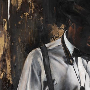 May include: An oil painting depicting a figure wearing a white button-down shirt, black suspenders, a black bowtie, and a black hat. The figure is adorned with a black bolo tie featuring a dark circular accent. The background is dark with gold accents.
