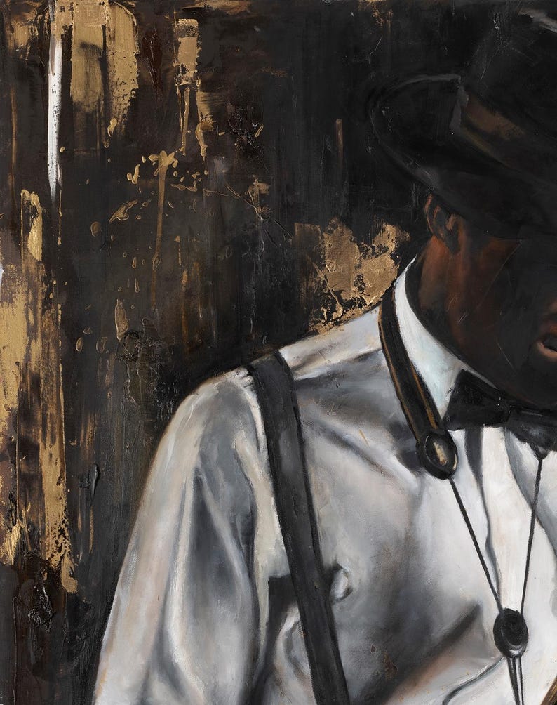 May include: An oil painting depicting a figure wearing a white button-down shirt, black suspenders, a black bowtie, and a black hat. The figure is adorned with a black bolo tie featuring a dark circular accent. The background is dark with gold accents.