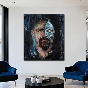 May include: A rectangular wall art piece featuring a portrait of a man with a beard and glasses. The left side of the face is realistic, while the right side is depicted as a metallic, robotic cyborg structure with a glowing yellow eye.
