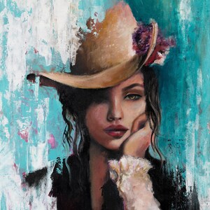May include: An oil painting of a person wearing a wide-brimmed tan hat with a dark floral accent. The subject has dark hair, a resting hand near their chin, and wears a black garment with a ruffled white cuff against a textured teal background.
