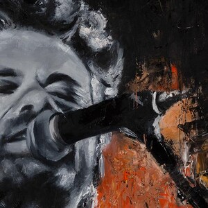 May include: An oil painting depicting a person singing into a microphone. The subject is rendered in shades of black, white, and gray, with thick, textured brushstrokes. A vibrant, textured orange and red area is visible on the lower right side.