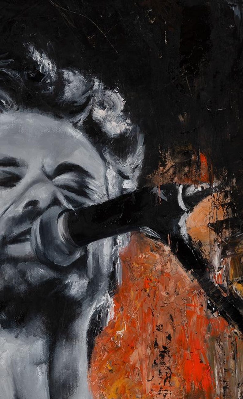 May include: An oil painting depicting a person singing into a microphone. The subject is rendered in shades of black, white, and gray, with thick, textured brushstrokes. A vibrant, textured orange and red area is visible on the lower right side.