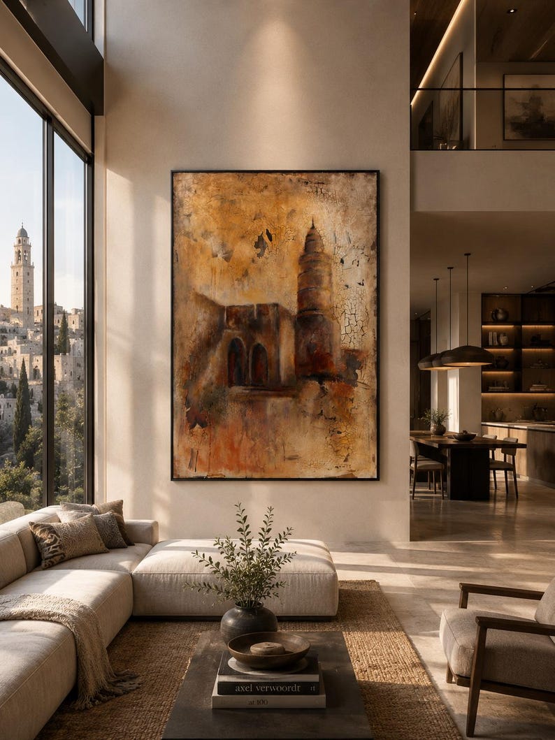 Puede incluir: Una gran pieza de arte mural rectangular que presenta una pintura abstracta de una torre y arquitectura de piedra en tonos ocre, naranja quemado y marr&oacute;n oscuro con una textura agrietada, enmarcada en un borde negro fino sobre una pared beige.