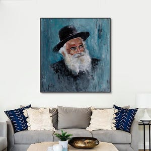 May include: A painting of a man with a long white beard wearing a black hat and glasses. The background is a blue and grey abstract design.