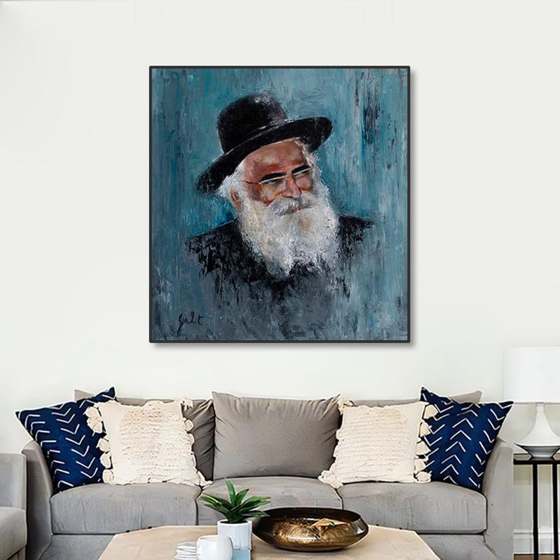 May include: A painting of a man with a long white beard wearing a black hat and glasses. The background is a blue and grey abstract design.