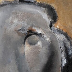 May include: An abstract oil painting featuring a central circular form in shades of gray, white, and black. The composition is set against a textured, warm tan background with visible brushstrokes and thick paint application throughout the canvas.
