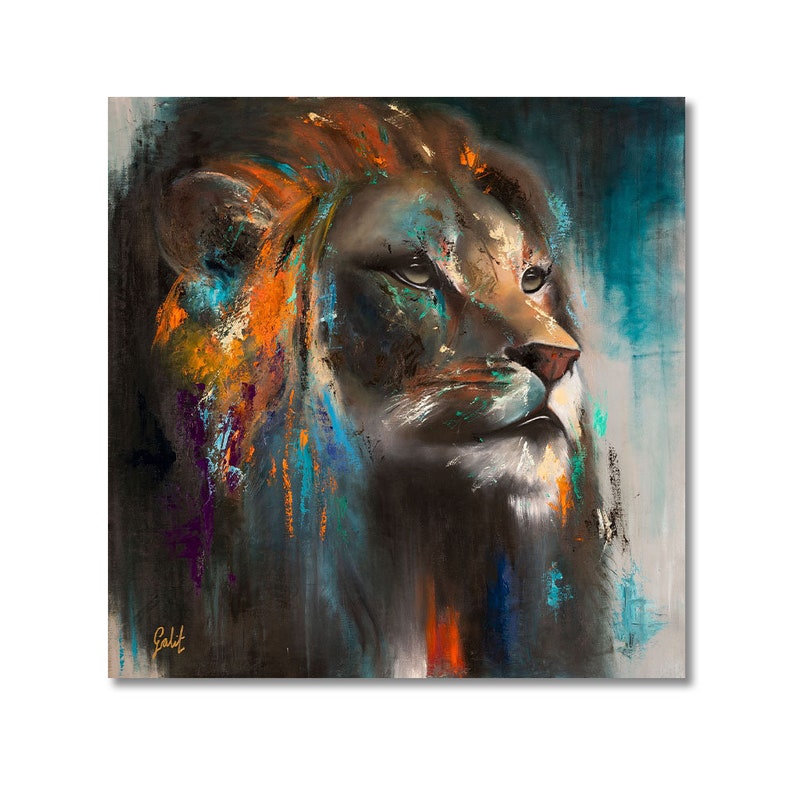 May include: A square canvas painting depicting a lion's head in profile, rendered with thick, textured brushstrokes. The lion features a dark brown and black face with vibrant streaks of orange, turquoise, and purple in the mane. Signed Galit.