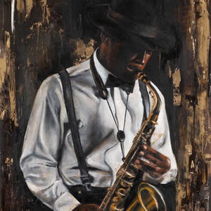 May include: An oil painting of a musician wearing a black fedora, a white button-down shirt, a black bowtie, and black suspenders. The musician is playing a brass saxophone against a dark, textured background with gold and brown paint strokes.