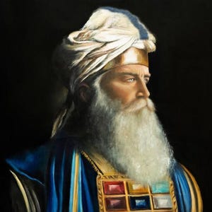 May include: An oil painting portrait of a bearded individual wearing a white turban with a gold band and a blue garment. A gold chest piece features a grid of six rectangular gemstones in red, yellow, blue, and white against a dark background.