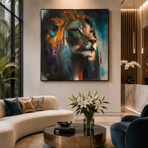 May include: A large square wall art piece featuring an abstract oil painting of a lion's head. The lion is rendered in dark tones with vibrant streaks of orange, blue, and purple paint. The artwork is framed in a thin black border and mounted.
