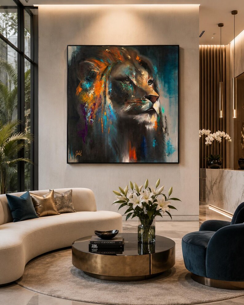May include: A large square wall art piece featuring an abstract oil painting of a lion's head. The lion is rendered in dark tones with vibrant streaks of orange, blue, and purple paint. The artwork is framed in a thin black border and mounted.