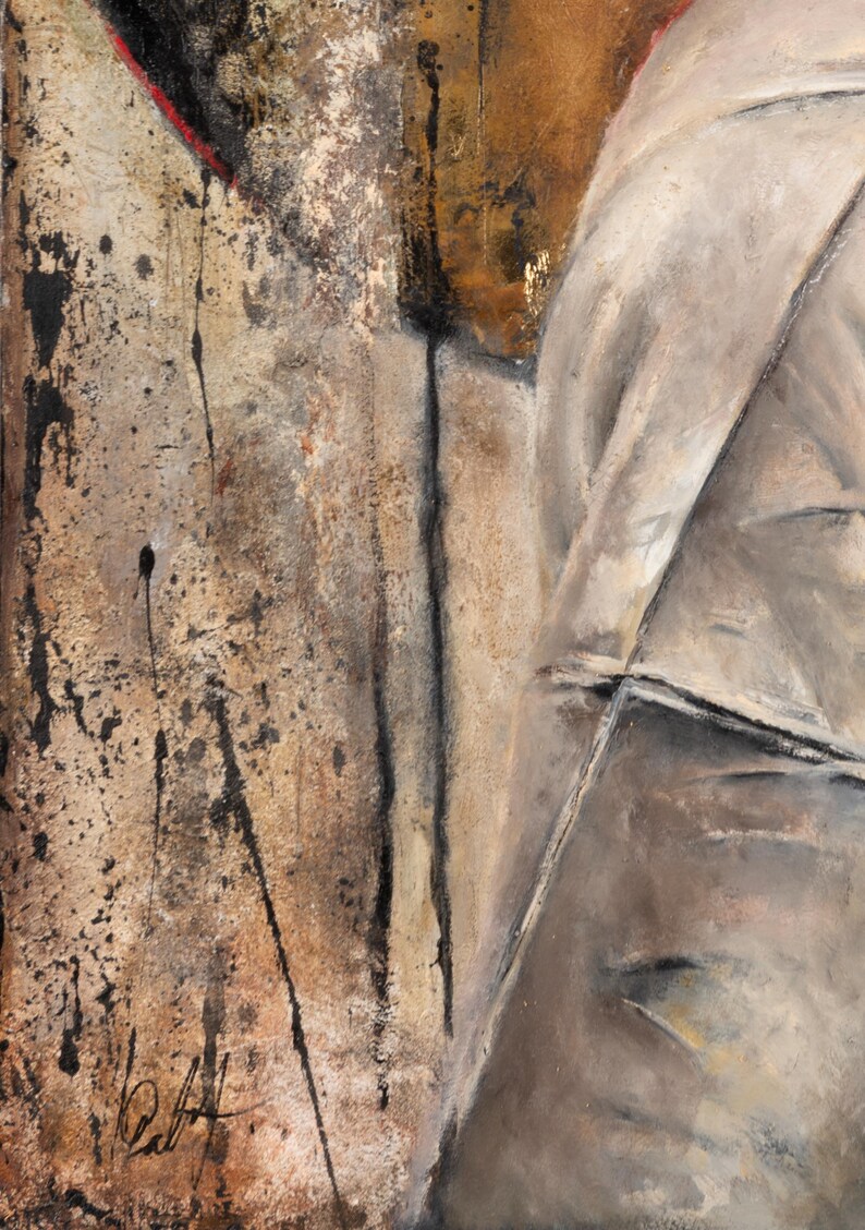 May include: An abstract painting featuring a textured surface with layers of beige, brown, and gray tones. The composition includes dark black paint splatters, a thin red line, and a signature in the bottom left corner. The right side displays soft, draped fabric-like forms in muted gray and white hues.
