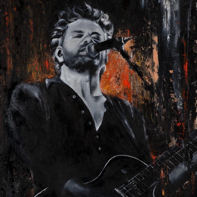 May include: An oil painting depicting a musician with curly hair singing into a microphone while playing an acoustic guitar. The artwork features a high-contrast palette of black, white, and gray tones with vibrant orange and red accents in the background.