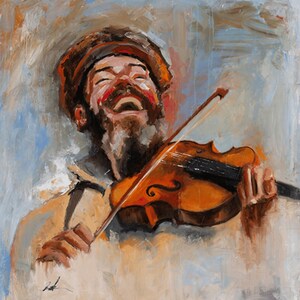 Puede incluir: Una pintura al &oacute;leo que representa a una persona con barba y sombrero tocando un viol&iacute;n de madera. La figura tiene una expresi&oacute;n de alegr&iacute;a con la boca abierta. La obra presenta pinceladas visibles en tonos marrones, naranjas, azules y blancos.