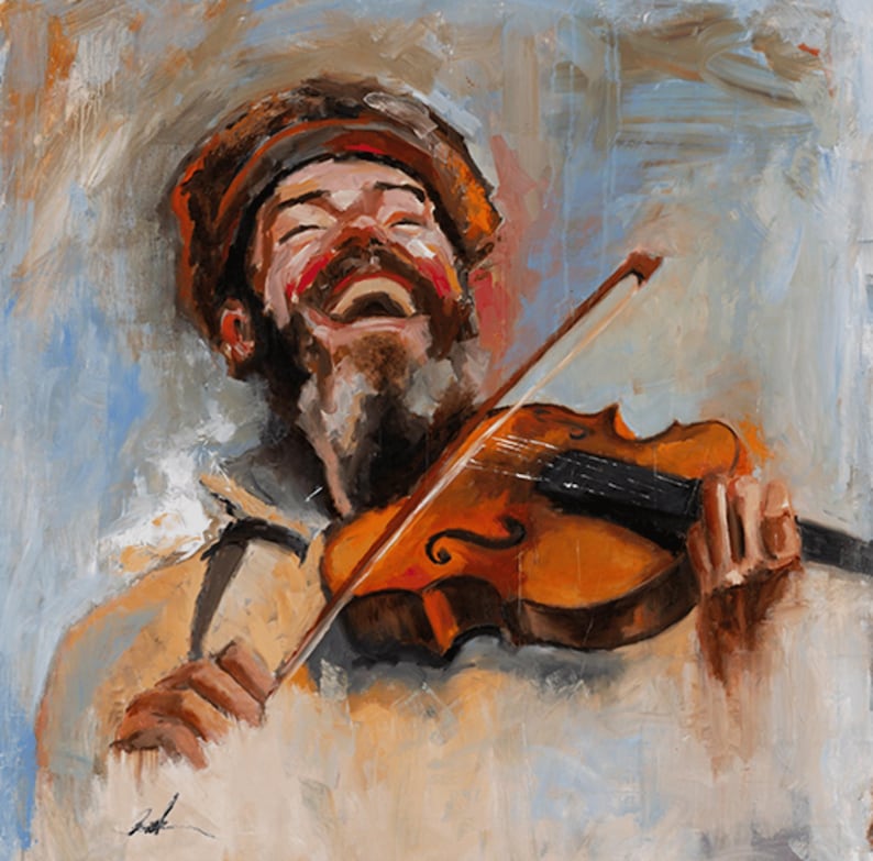 Puede incluir: Una pintura al &oacute;leo que representa a una persona con barba y sombrero tocando un viol&iacute;n de madera. La figura tiene una expresi&oacute;n de alegr&iacute;a con la boca abierta. La obra presenta pinceladas visibles en tonos marrones, naranjas, azules y blancos.