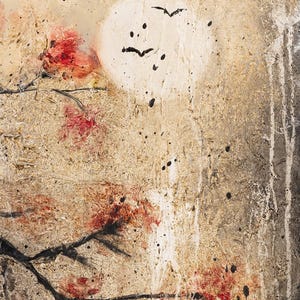 May include: A textured painting on canvas featuring a large, pale circular moon against a beige background. Black silhouettes of birds fly across the moon. Dark, gnarled branches extend from the left, adorned with vibrant red floral blossoms.