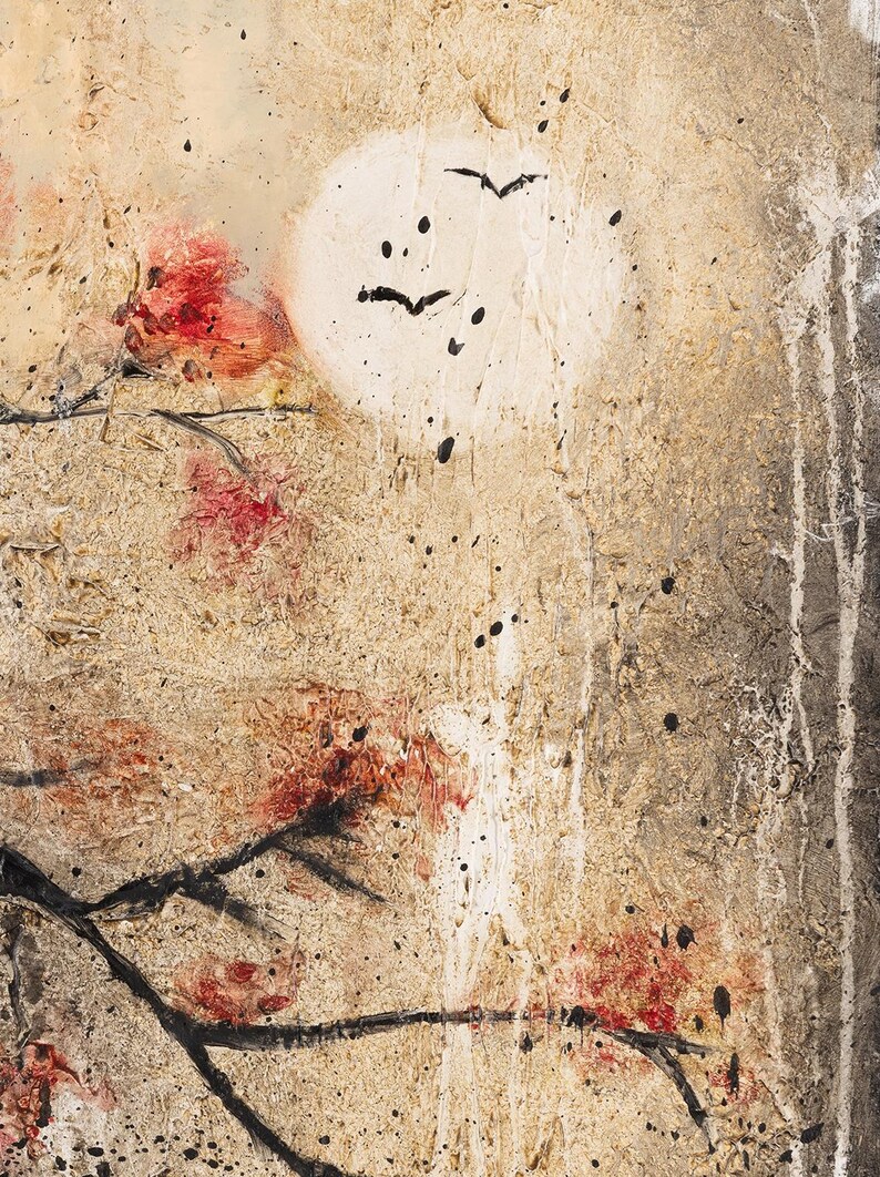 May include: A textured painting on canvas featuring a large, pale circular moon against a beige background. Black silhouettes of birds fly across the moon. Dark, gnarled branches extend from the left, adorned with vibrant red floral blossoms.