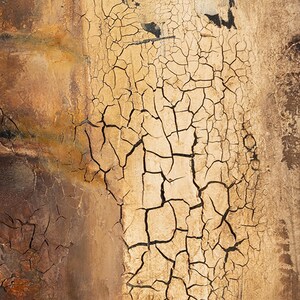 May include: A textured surface featuring a prominent crackled finish in shades of cream and beige. The central area displays a dense network of dark, irregular fissures contrasting against the lighter, weathered paint layers, creating a distressed, aged appearance with deep brown and earthy tones visible along the edges.