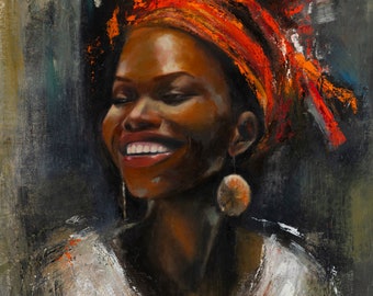 Origineel olieverfschilderij van een Nubische prinses, portret van een lachende Afrikaanse vrouw, kleurrijke culturele muurdecoratie