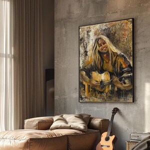 K&ouml;nnte beinhalten: Ein rechteckiges gerahmtes Wandbild mit einem &Ouml;lgem&auml;lde einer langhaarigen Person, die l&auml;chelnd eine akustische Gitarre spielt. Das Kunstwerk verwendet eine Palette aus warmen Braun-, Ocker- und Schwarzt&ouml;nen mit sichtbaren, strukturierten Pinselstrichen.